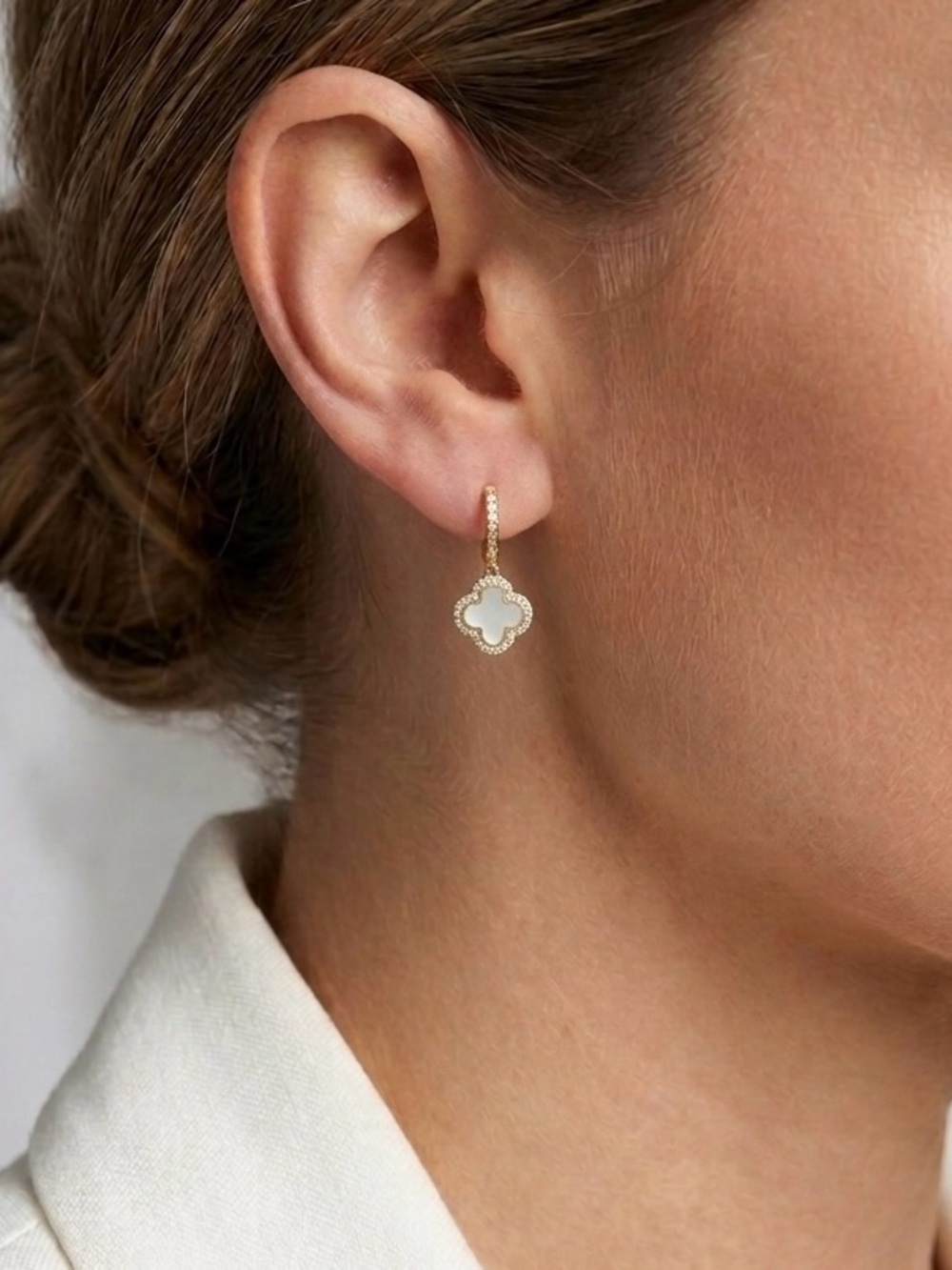 Rachel Zoe White Clover Earrings with CZ | Sterling Silver 18k Gold Plated - Picture 3 of 4
